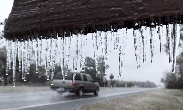 Image: Icicles hang from the \"Welcome to Hilliard sign\" in Hilliard,