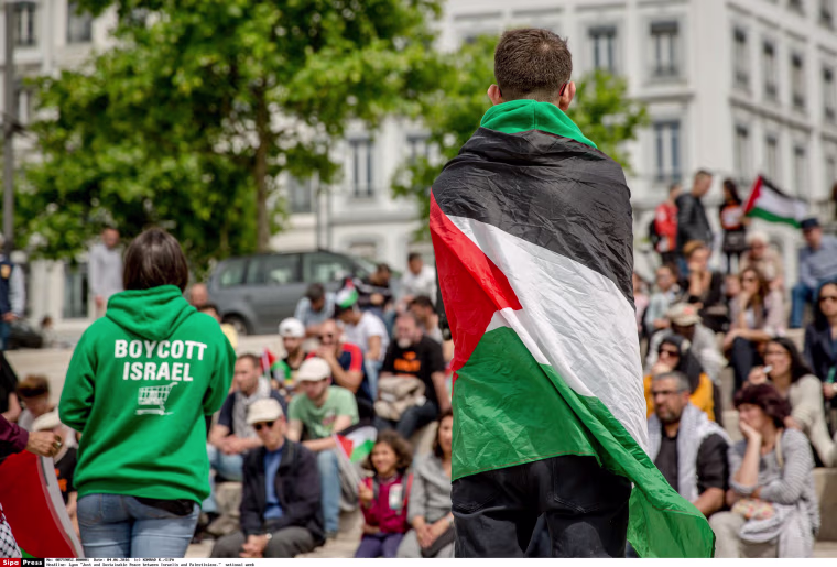 Image: An activist draped in the Palestinian flag