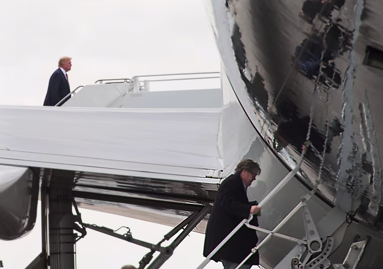 President Donald Trump and Steve Bannon board Air Force One during happier times last spring.