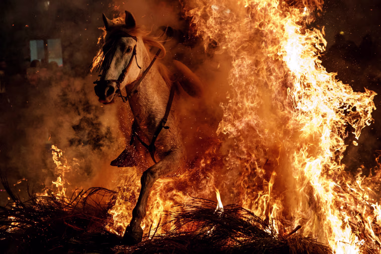 Image: A man rides a horse through flames during the annual \"Luminarias\" celebration