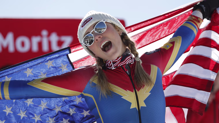 Mikaela Shiffrin celebrates her victory in the women's slalom at the Alpine Skiing World Championships in St. Moritz, Switzerland, in February 2017.