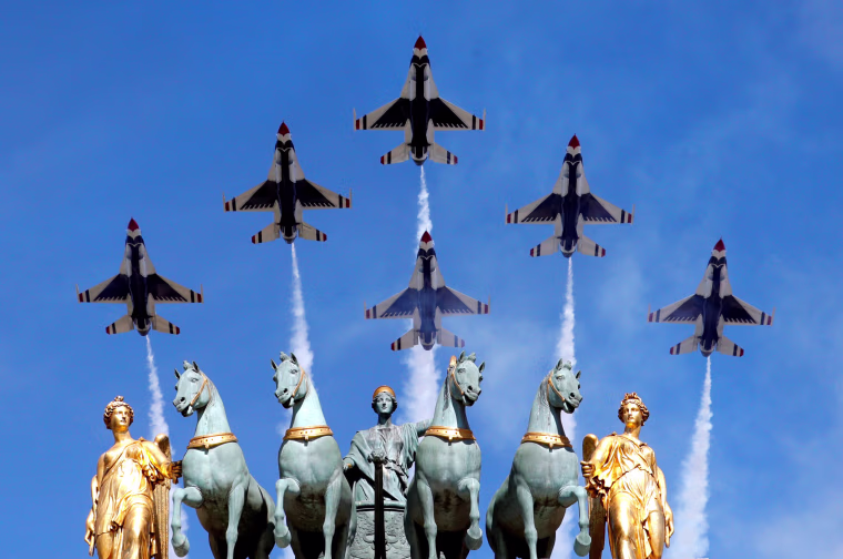 The U.S. Air Force Thunderbirds fly over the Arc de Triomphe du Carrousel during the traditional Bastille Day military parade in Paris, France, July 14, 2017. REUTERS/Philippe Wojazer TPX IMAGES OF THE DAY