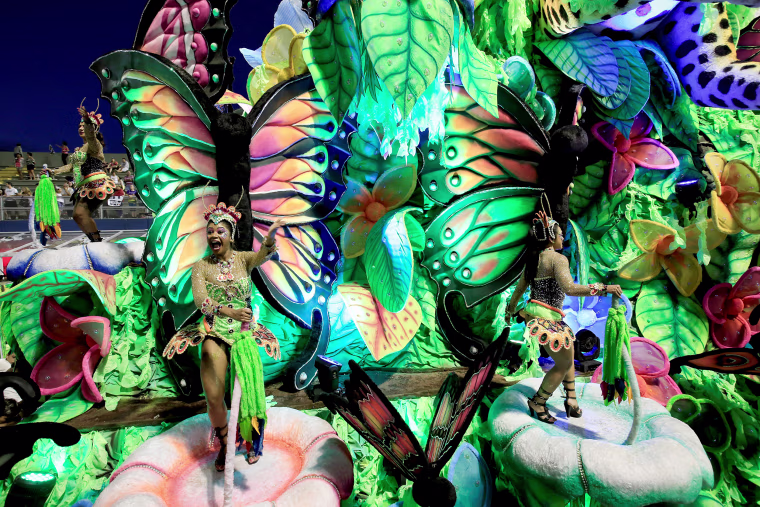 Members of the samba school Grupo Especial Tom Maior take part in the carnival celebration at the Anhembi sambodrome in Sao Paulo, Brazil, on Feb. 10, 2018.