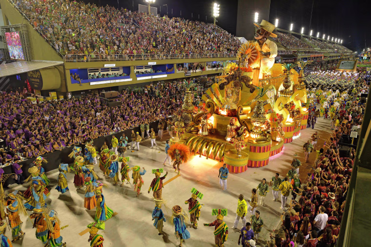 The Paraiso do Tuiuti samba school performs during the first night of Rio's Carnival at the Sambadrome in Rio de Janeiro on Feb. 12, 2018.