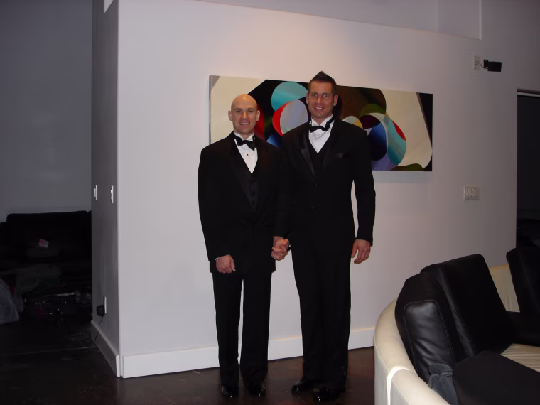 Moore and Zarda attend their first Human Rights Campaign black tie dinner, 2003.