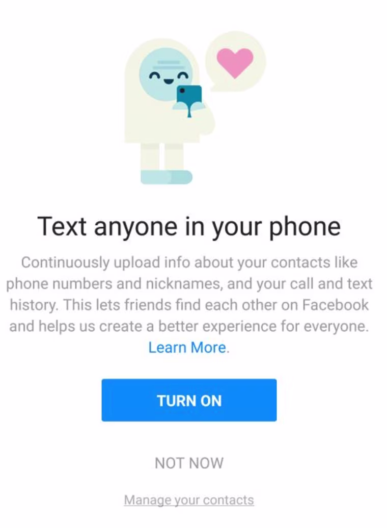 A screenshot provide by Facebook of the "continuously upload" contact opt-in screen on Messenger for Android.