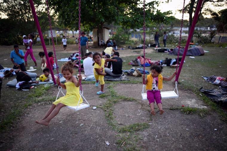 Central American children taking part in a caravan called \"Migrant Viacrucis\" play at a sports center field in Matias Romero, Oaxaca state, Mexico on April 2. 

President Donald Trump lashed out in fury Monday over immigration, an outburst triggered by images of a \"caravan\" of hundreds of Central American migrants headed towards the U.S. border.