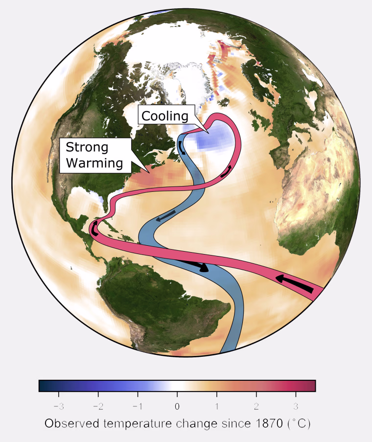 This image provided by the Potsdam Institute for Climate Impact Research in April 2018 shows observed ocean temperature changes since 1870, and currents in the Atlantic Ocean. (PIK via AP)
