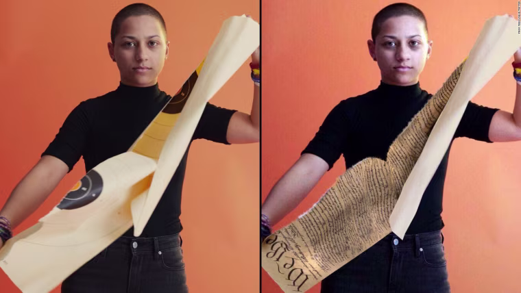 Parkland shooting survivor Emma Gonzalez is pictured ripping up a shooting range target, left. At right, a doctored photo circulated the Internet, depicting Gonzalez tearing apart the U.S. Constitution.