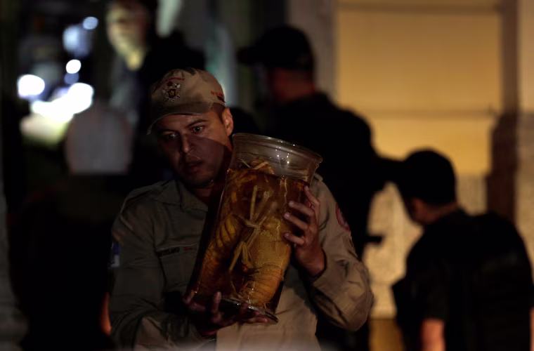 Image: A firefighter rescues items during a fire at the National Museum of Brazil in Rio de Janeiro