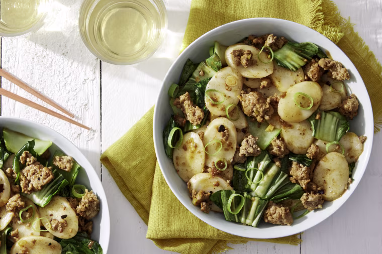Spicy Korean Pork and Rice Cakes with Bok Choy