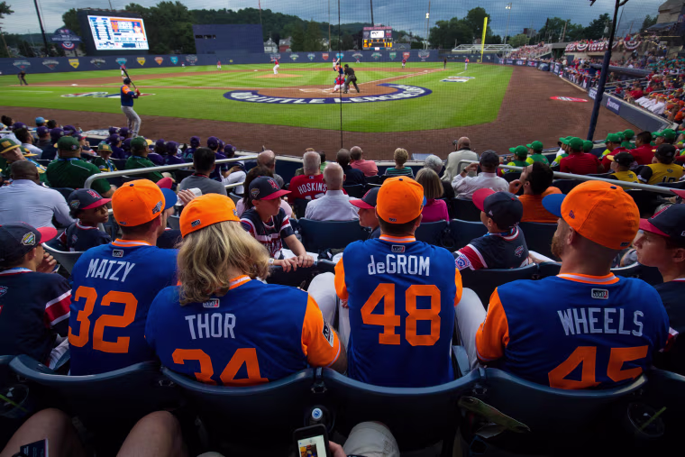 Image: New York Mets players watch a game with little league players