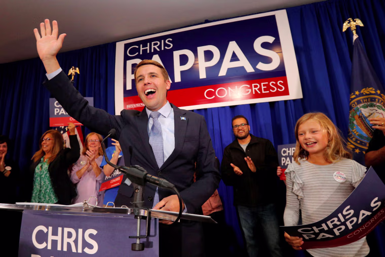 Image: Democratic candidate for the U.S. House of Representatives Pappas takes the stage at his primary election rally in Manchester
