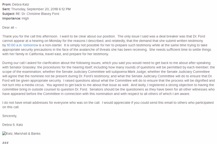 Image: Debra Katz email, Dr. Christine Blasey Ford