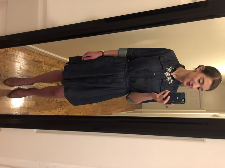 Look #2: A dress from Jenny, necklace and lip color from Julie and my own shoes.