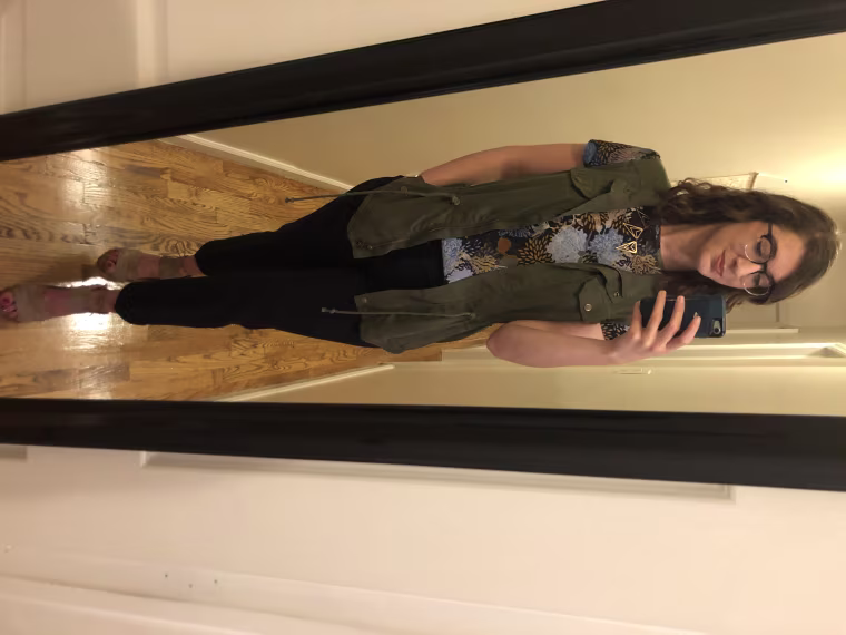 Look #4: Julie's shirt, my navy work slacks, Julie’s green vest, a necklace I’ve had since college, and my favorite summer sandals