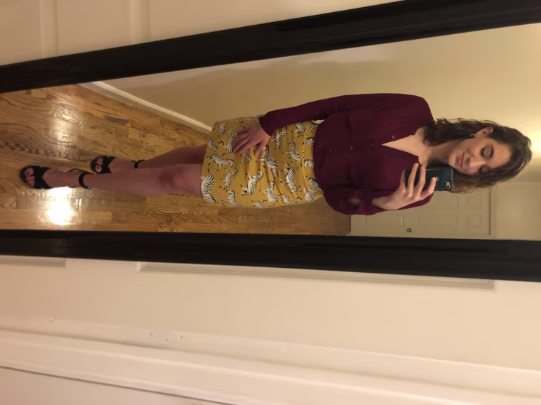 Look #5: My skirt and shoes and Julie's fuchsia shirt