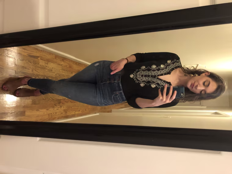 Look #6: Jenny’s earrings, Julie’s shirt and my jeans and shoes.