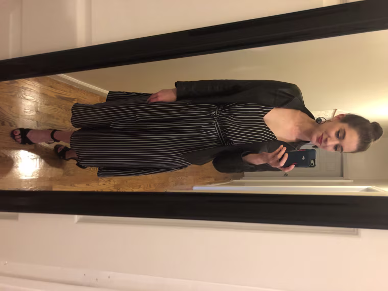 Look #9: Julie's jumpsuit and leather jacket