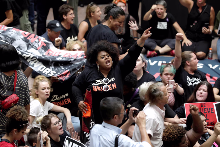 Image: Activists rally inside the Senate Hart Office Building during a protest in opposition to U.S. Supreme Court nominee Kavanaugh on Capitol Hill in Washington