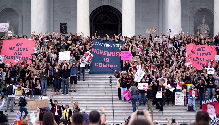Image: Protesters against U.S. Supreme Court nominee Brett Kavanaugh demonstrate at the U.S. Supreme Court in Washington on Oct. 6, 2018.