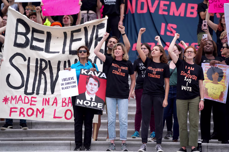 Image: Protesters against U.S. Supreme Court nominee Brett Kavanaugh demonstrate at the U.S. Supreme Court in Washington on Oct. 6, 2018.