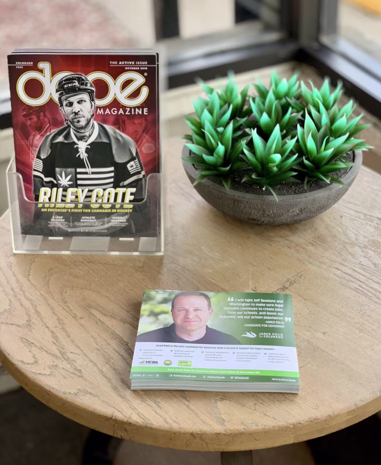 Polis campaign materials at a marijuana dispensary in Denver.