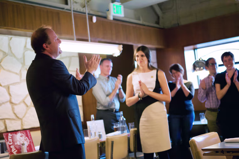 Jared Polis stumps alongside Danica Roem, a Virginia state legislator, at Steuben's restaurant in Denver.