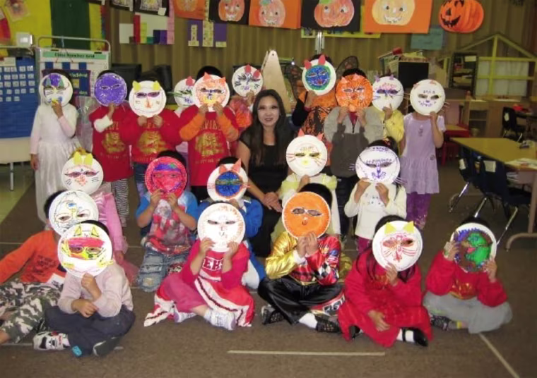 Image: Monica Lun and her students in paper plate masks