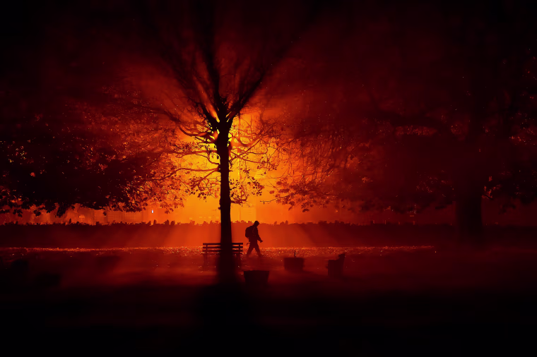 Image: A man uses a torch to walk through a park during cold fog at night in Athboy