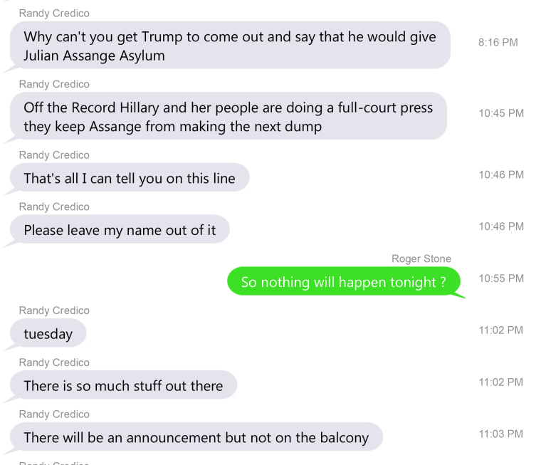 Copies of text messages from Oct. 3, 2016 provided by Roger Stone to NBC News.