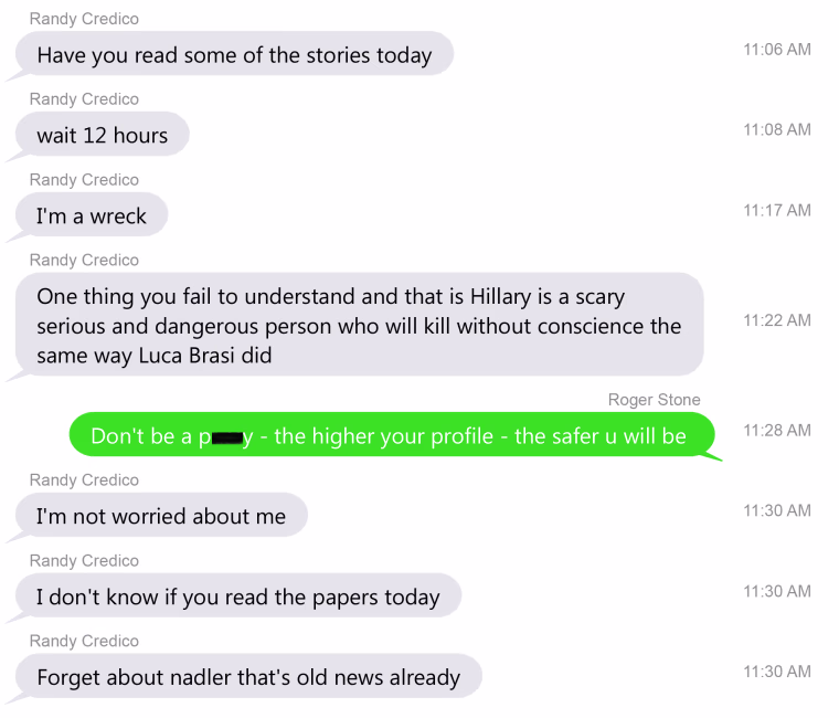 Copies of text messages from Oct. 3, 2016 provided by Roger Stone to NBC News.