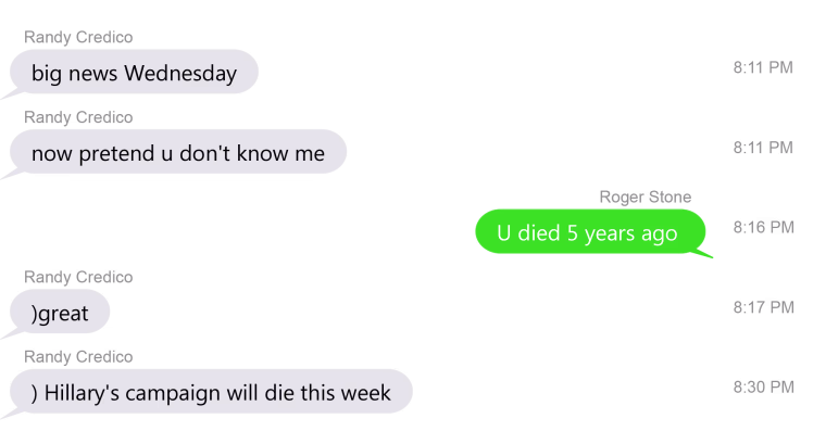 Text messages from Oct. 1, 2016 provided by Roger Stone to NBC News.