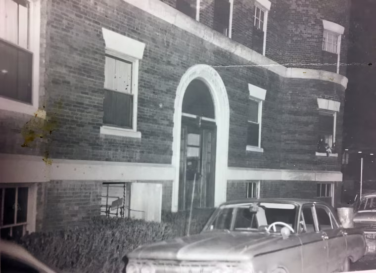 This police photo shows the outside of Jane Britton's apartment building near Harvard Square shortly after she was found dead in January 1969.
