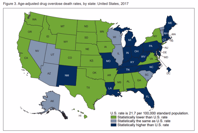 Image: Age-adjusted drug overdose death rates, by state: United States, 2017