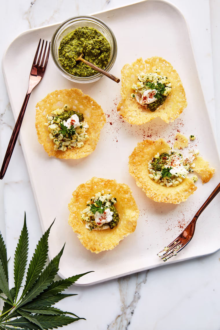 Mexican street corn and cheese crisps, a recipe by Monica Lo for "Edibles: Small Bites for the Modern Cannabis Kitchen."
