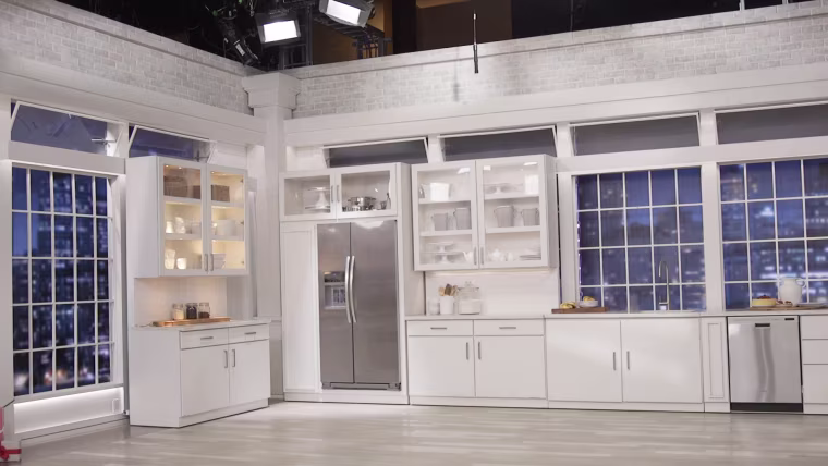 This convertible kitchen was just moments ago a living room and is all for show, no working faucets here!