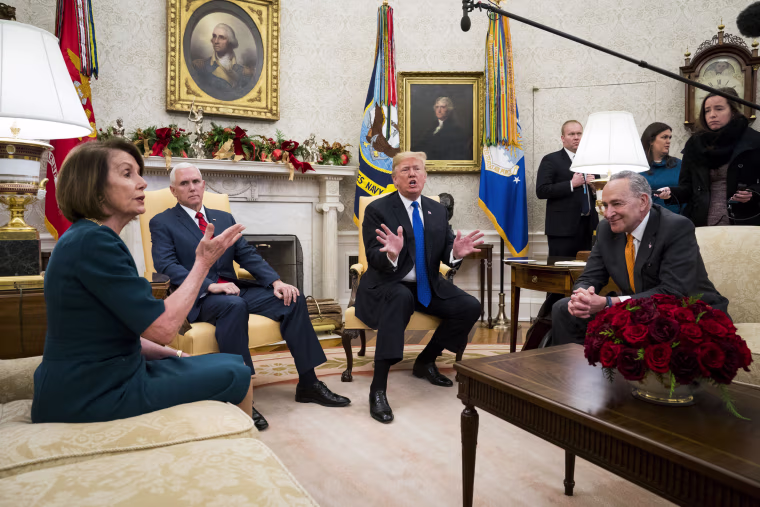 Image: President Donald Trump and Vice President Mike Pence meet with House Minority Leader Nancy Pelosi (D-Calif.) and Senate Minority Leader Chuck Schumer (D-N.Y.) at the White House in Washington.