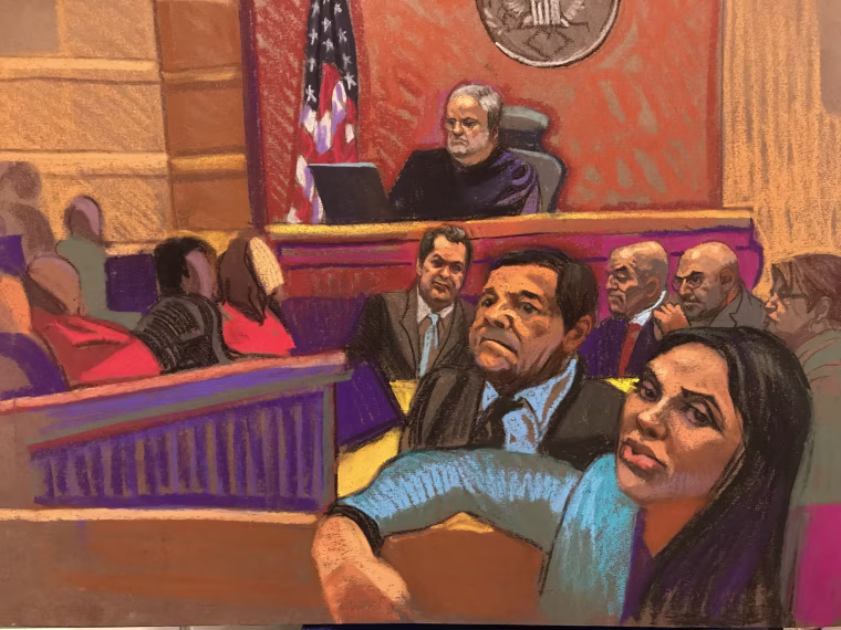 Image: Joaquin "El Chapo" Guzman and his wife, Emma Coronel, in this courtroom sketch in Brooklyn federal court in New York City, on Feb. 12, 2019.