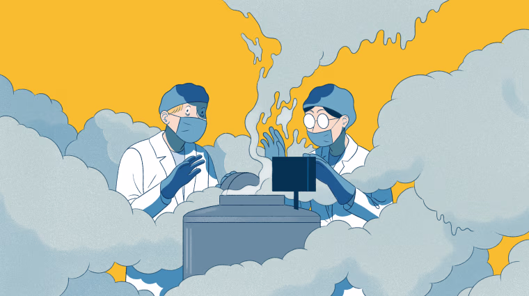 Illustration of technicians standing in front of a freezer with fog rising.