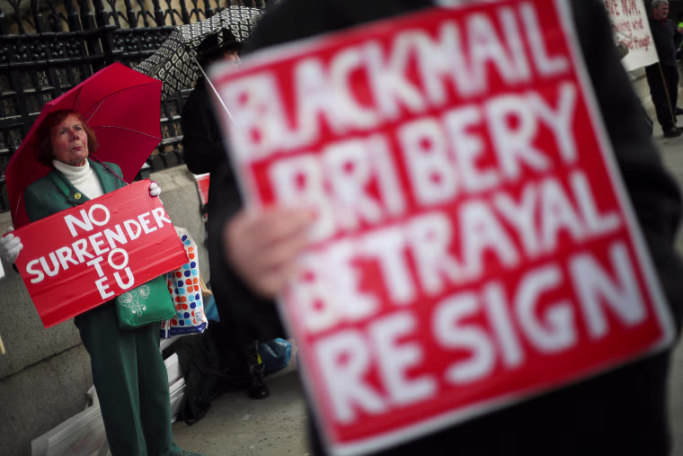 Image: Pro-Brexit protesters hold up signs in London