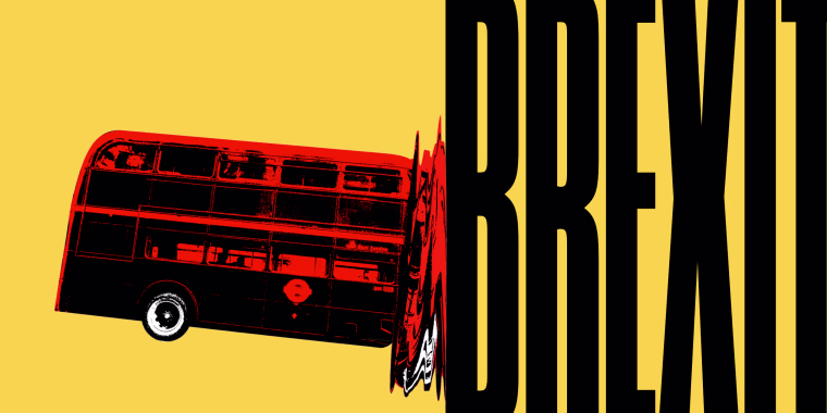 Illustration of a double-decker bus crashing into BREXIT in large letters.