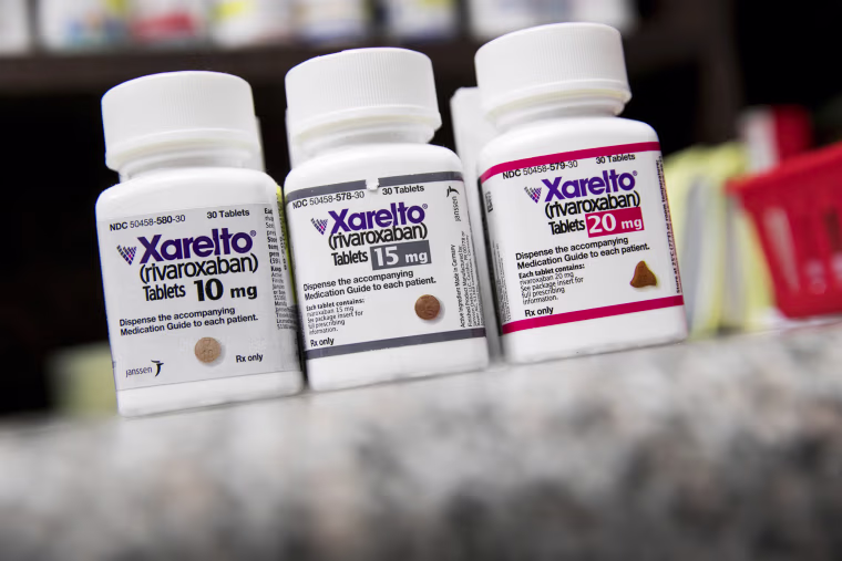Image: Bottles of Xarelto (Rivaroxaban) prescription pharmaceuticals photographed in a pharmacy in Remington, Virginia