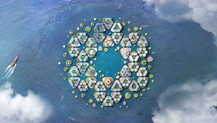 The city can organically transform and adapt over time, evolving from a neighborhood of 300 residents to a city of 10,000. Thirty-six 2-hectare floating neighborhoods and dozens of productive outposts create a vibrant community that can expand and contract over time.