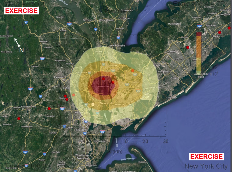 A map shows the projected damage zones from a 60-meter asteroid impact in Manhattan. The inner, red zone is "unsurvivable." In the orange zone, most residential structures collapse and clothing would ignite. Second-degree burns would be expected in the outer zone.