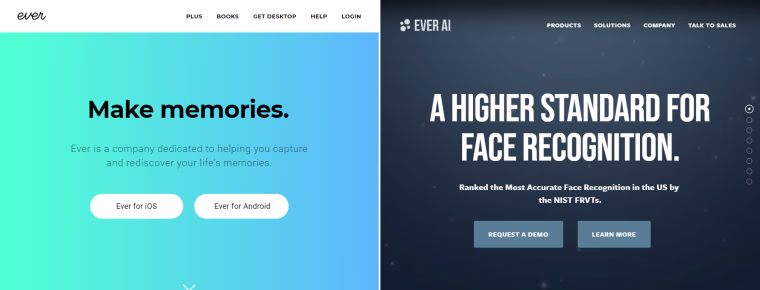 Ever's website, left, versus Ever AI.