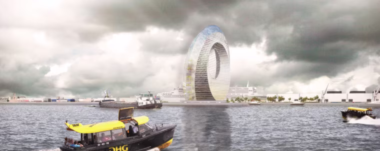 The inner band of the Dutch \"Windwheel\" will contain a hotel and apartments, while the outer band will feature a high-tech feris wheel like attraction with 40 coaster cabins.