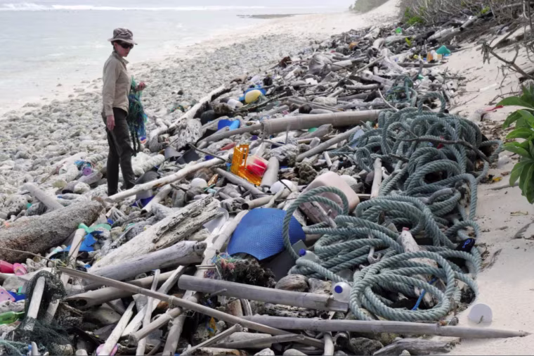 Lead author Jennifer Lavers looks out at the plastic debris covering a Cocos (Keeling) Island beach