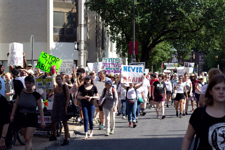 Members of Never Again Action took to the streets to protest ICE and the conditions of migrants in detention on July 4, 2019 in Philadelphia.