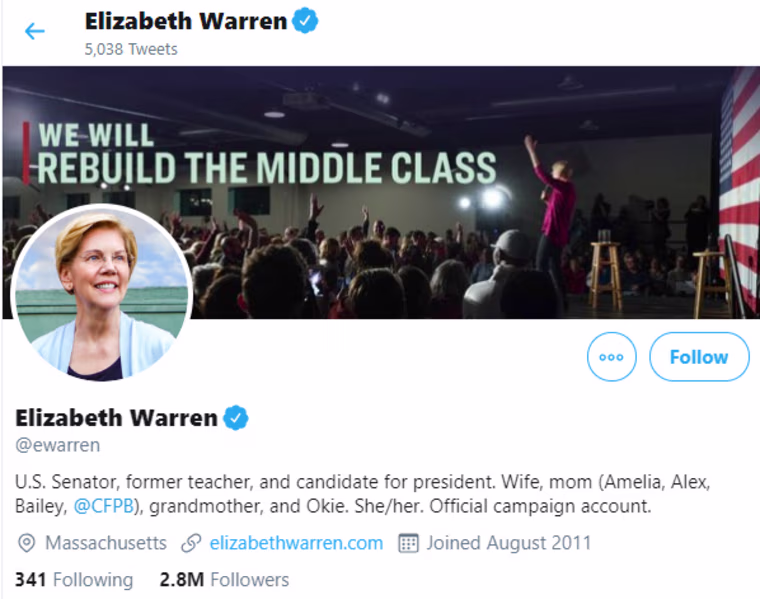 Elizabeth Warren's official Twitter page for her presidential campaign is touting a new addition to its bio: her pronouns.